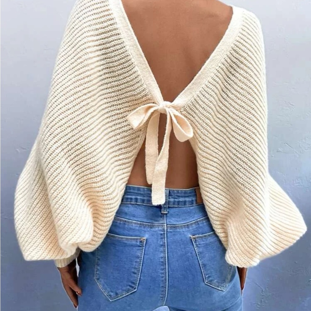 Solid Tie Backless Batwing Sleeve Sweater